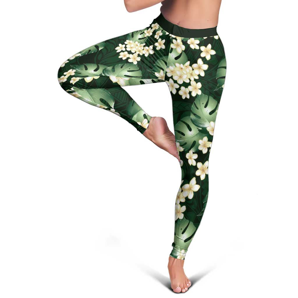 Green Tropical Hawaii Leggings Seamless Monstera Plumeria Hawaiian Pattern - Polynesian Pride