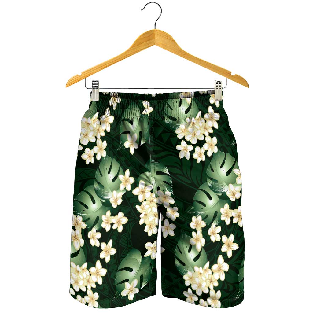 Green Tropical Hawaii Shorts for Men Seamless Monstera Plumeria Hawaiian Pattern - Polynesian Pride
