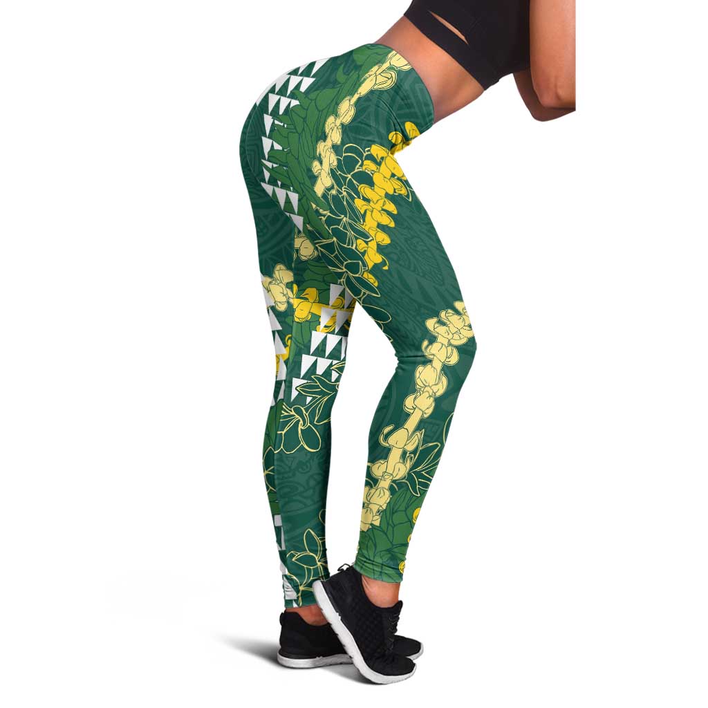 Hawaii Aloha Kakau Leggings Green Puakenikeni and Maile Lei Twist