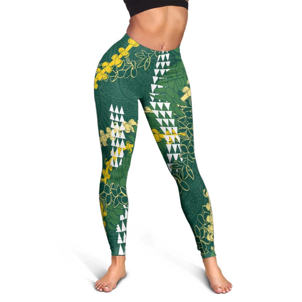 Hawaii Aloha Kakau Leggings Green Puakenikeni and Maile Lei Twist
