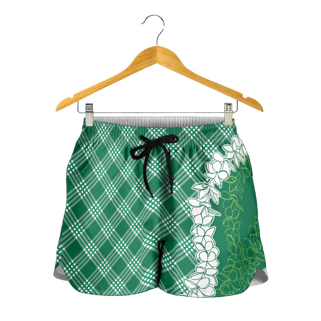 Hawaii Aloha Plumeria Lei Green Palaka Shorts for Women - Polynesian Pride