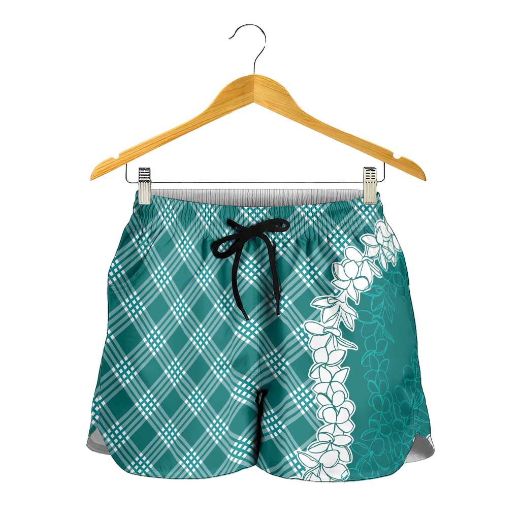 Hawaii Aloha Plumeria Lei Teal Palaka Shorts for Women - Polynesian Pride