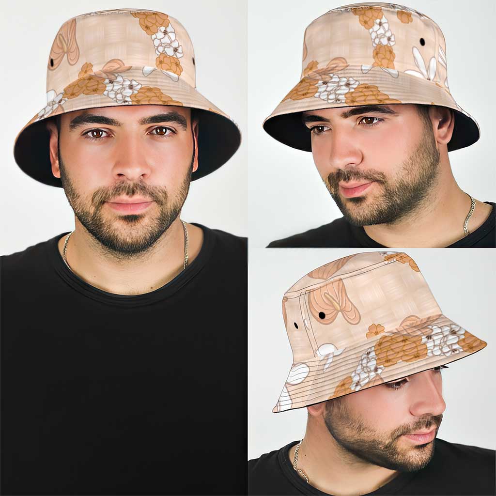 Hawaii Anthurium Tiare Pikake Lei Bucket Hat Alani Lauhala Art Pattern