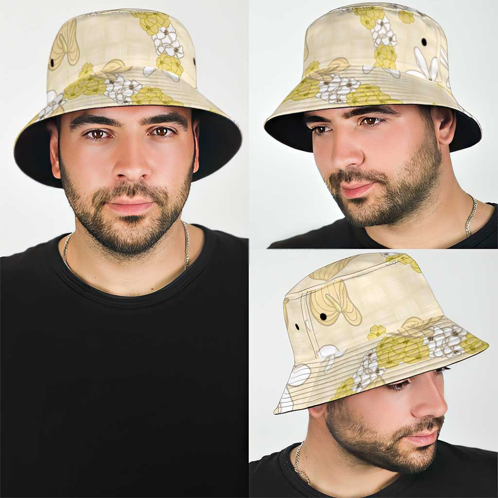 Hawaii Anthurium Tiare Pikake Lei Bucket Hat Melemele Lauhala Art Pattern