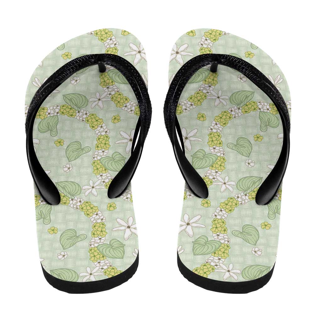 Hawaii Anthurium Tiare Pikake Lei Flip Flops Sage Green Lauhala Art Pattern