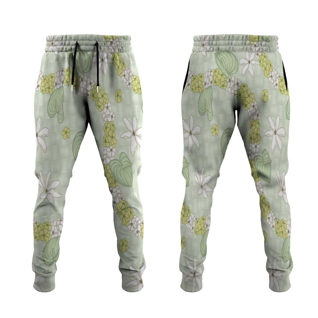 Hawaii Anthurium Tiare Pikake Lei Jogger Pants Sage Green Lauhala Art Pattern