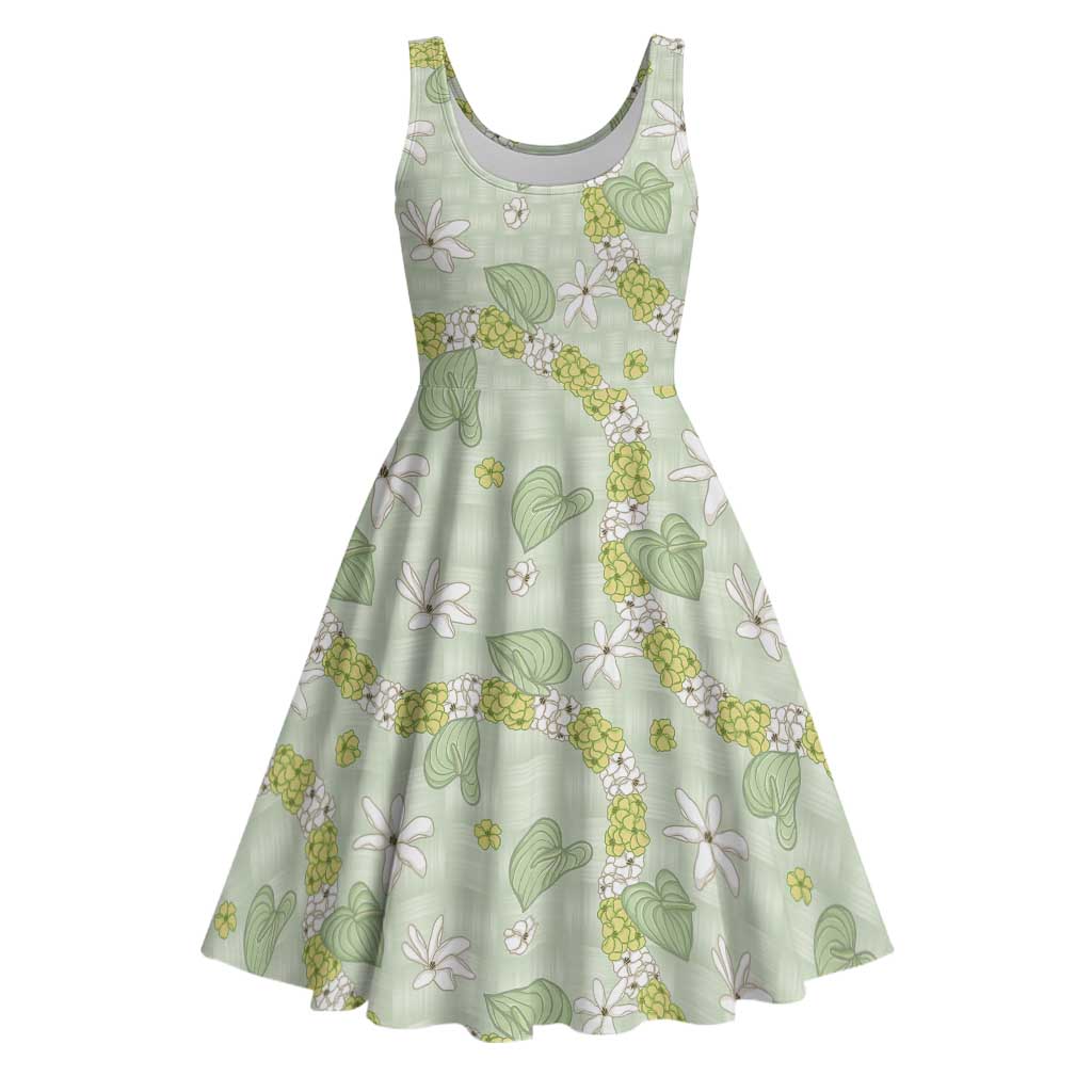 Hawaii Anthurium Tiare Pikake Lei Midi Dress Sage Green Lauhala Art Pattern