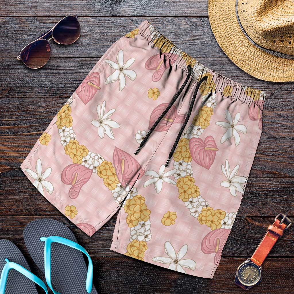 Hawaii Anthurium Tiare Pikake Lei Shorts for Men Akala Lauhala Art Pattern