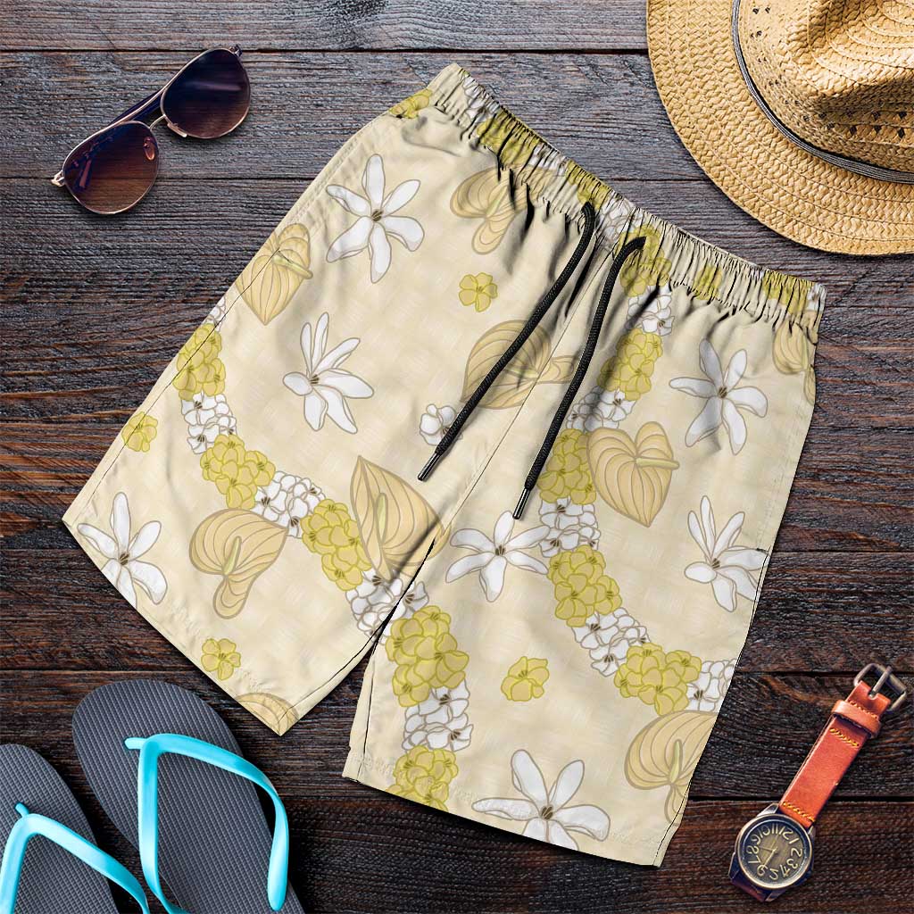 Hawaii Anthurium Tiare Pikake Lei Shorts for Men Melemele Lauhala Art Pattern