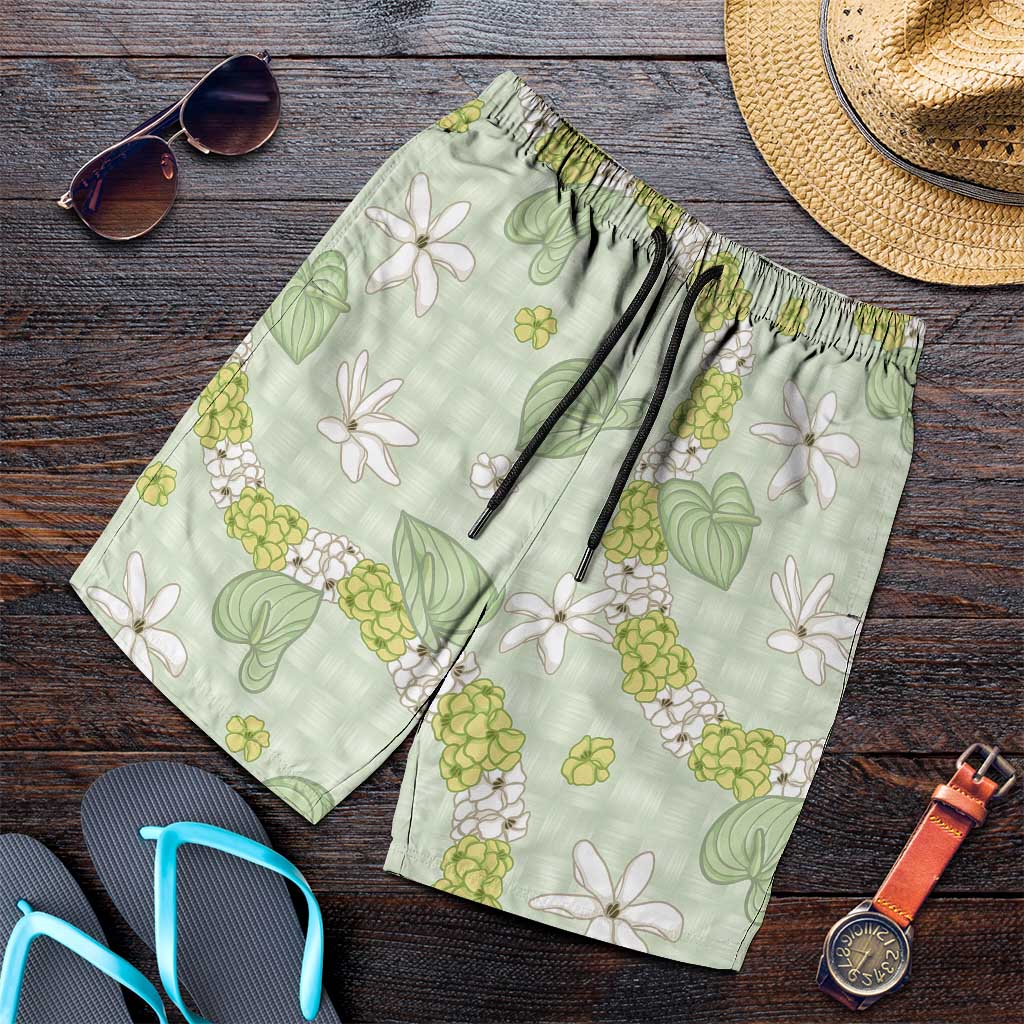 Hawaii Anthurium Tiare Pikake Lei Shorts for Men Sage Green Lauhala Art Pattern