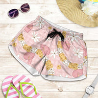 Hawaii Anthurium Tiare Pikake Lei Shorts for Women Akala Lauhala Art Pattern LT01 Pink - Polynesian Pride