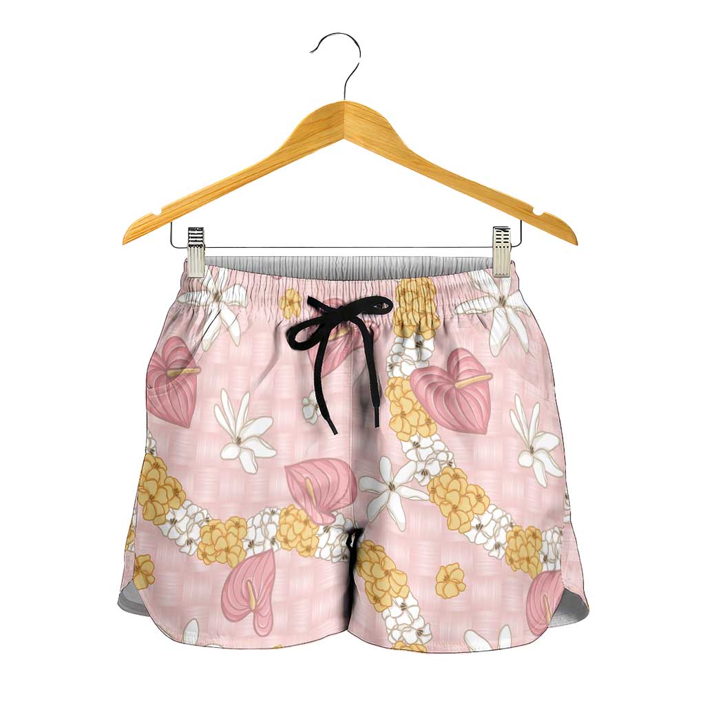 Hawaii Anthurium Tiare Pikake Lei Shorts for Women Akala Lauhala Art Pattern LT01 - Polynesian Pride