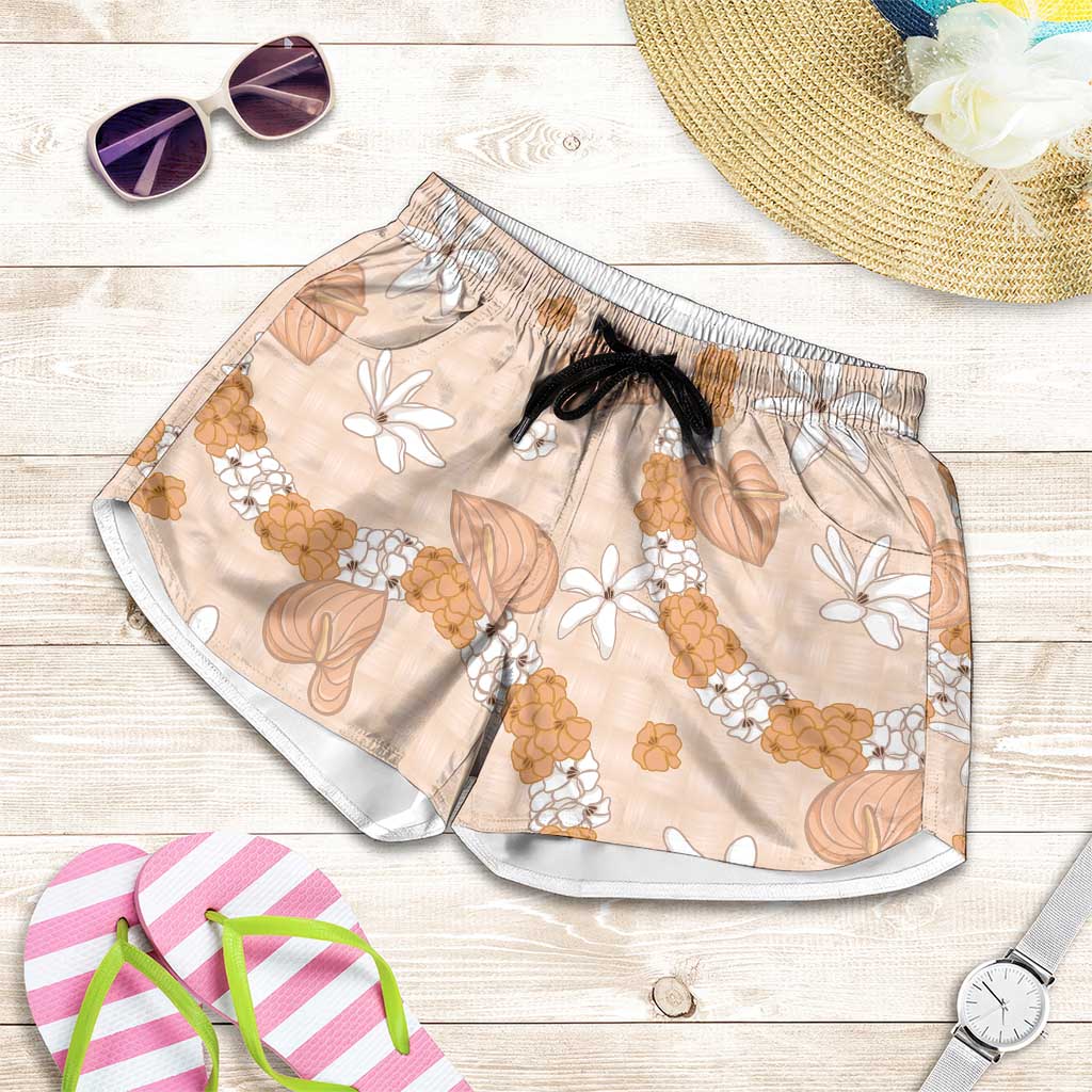 Hawaii Anthurium Tiare Pikake Lei Shorts for Women Alani Lauhala Art Pattern LT01 Orange - Polynesian Pride