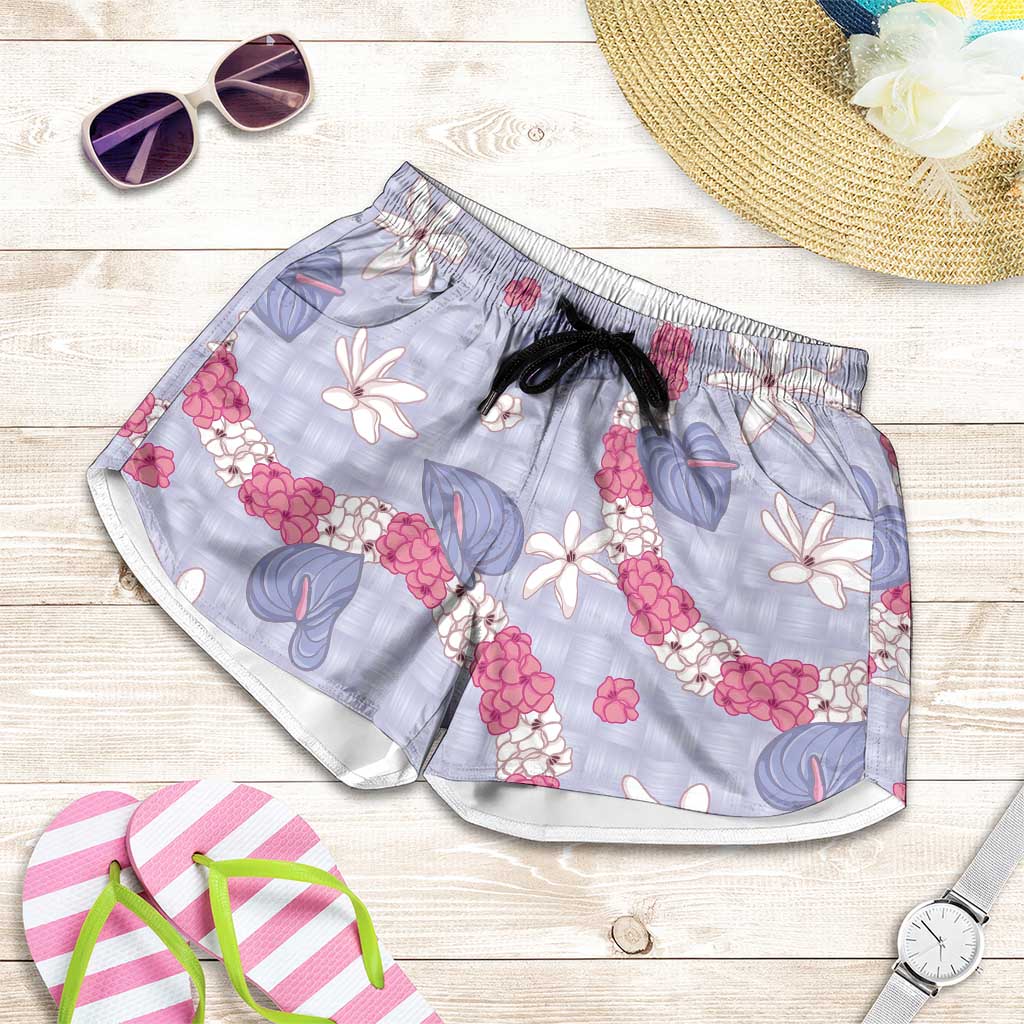 Hawaii Anthurium Tiare Pikake Lei Shorts for Women Poni Lauhala Art Pattern LT01 Purple - Polynesian Pride