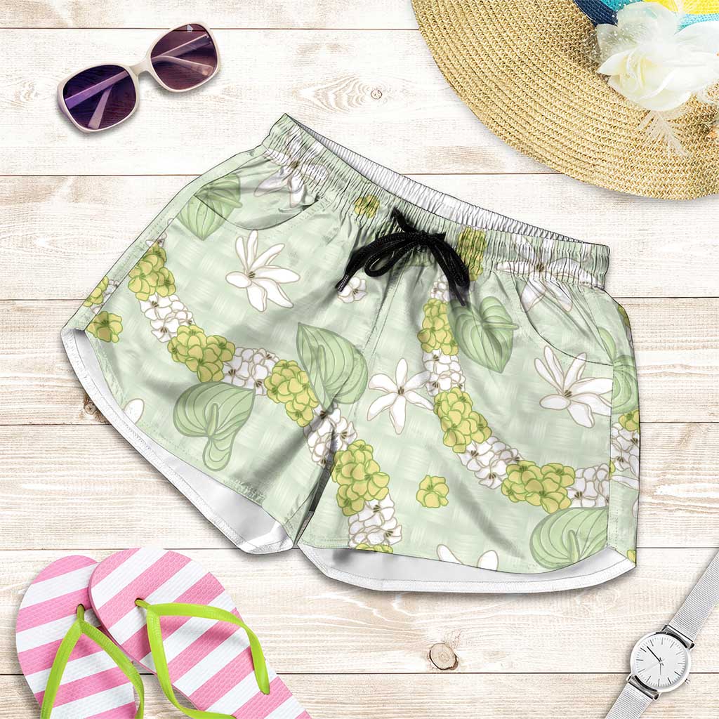 Hawaii Anthurium Tiare Pikake Lei Shorts for Women Sage Green Lauhala Art Pattern
