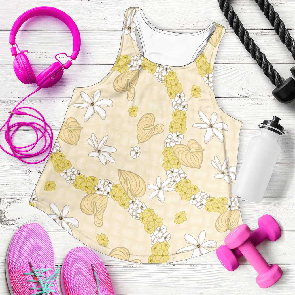 Hawaii Anthurium Tiare Pikake Lei Women Racerback Tank Melemele Lauhala Art Pattern LT01 Yellow - Polynesian Pride