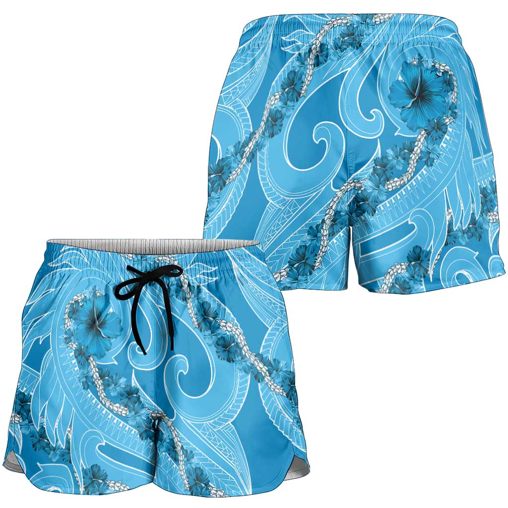 Hawaii Blue Hibiscus Pikake Lei Shorts for Women - Polynesian Pride