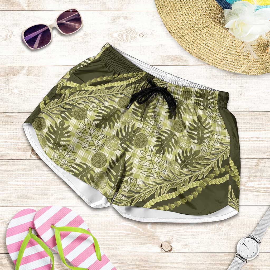 Hawaii Breadfruit Palaka Shorts for Women Omaomao Maile Lei - Polynesian Pride