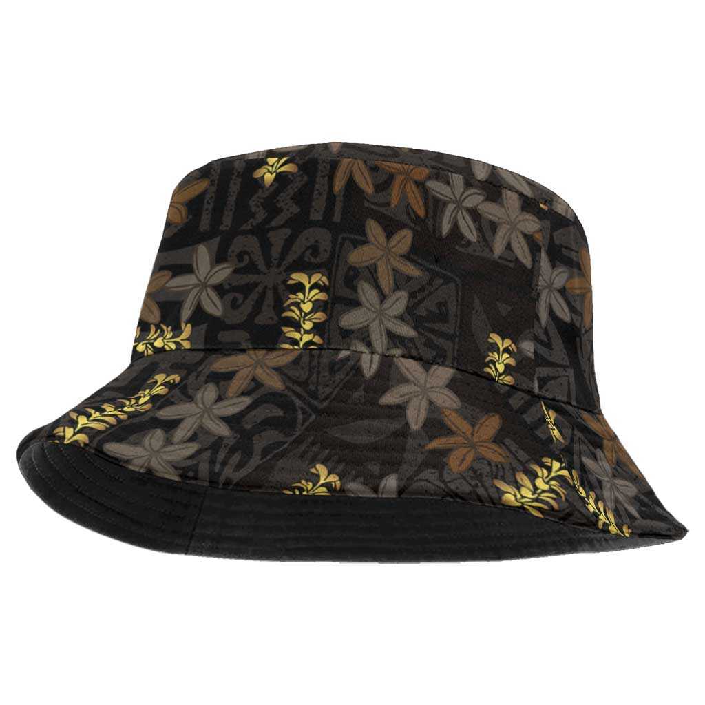 Hawaii Brown Plumeria Lei Black Bucket Hat Frangipani Floral Heritage Art