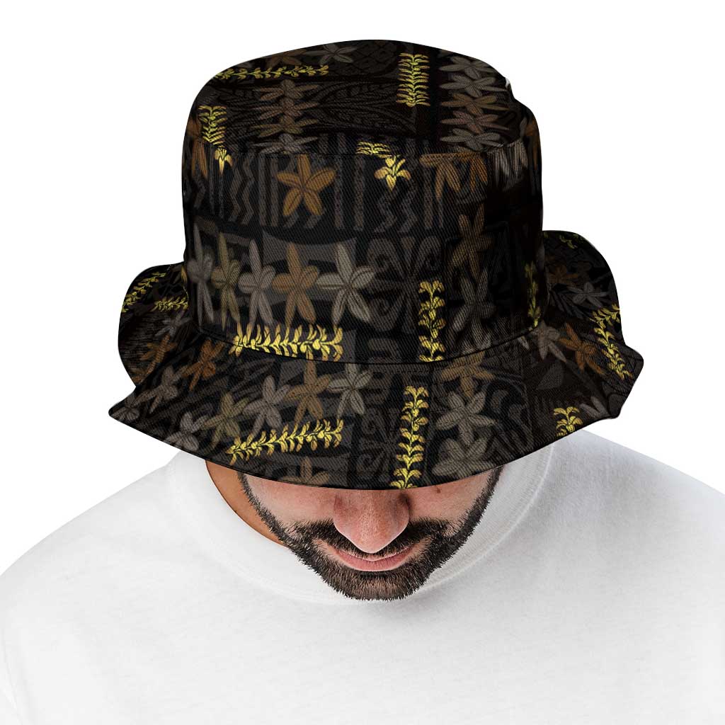 Hawaii Brown Plumeria Lei Black Bucket Hat Frangipani Floral Heritage Art