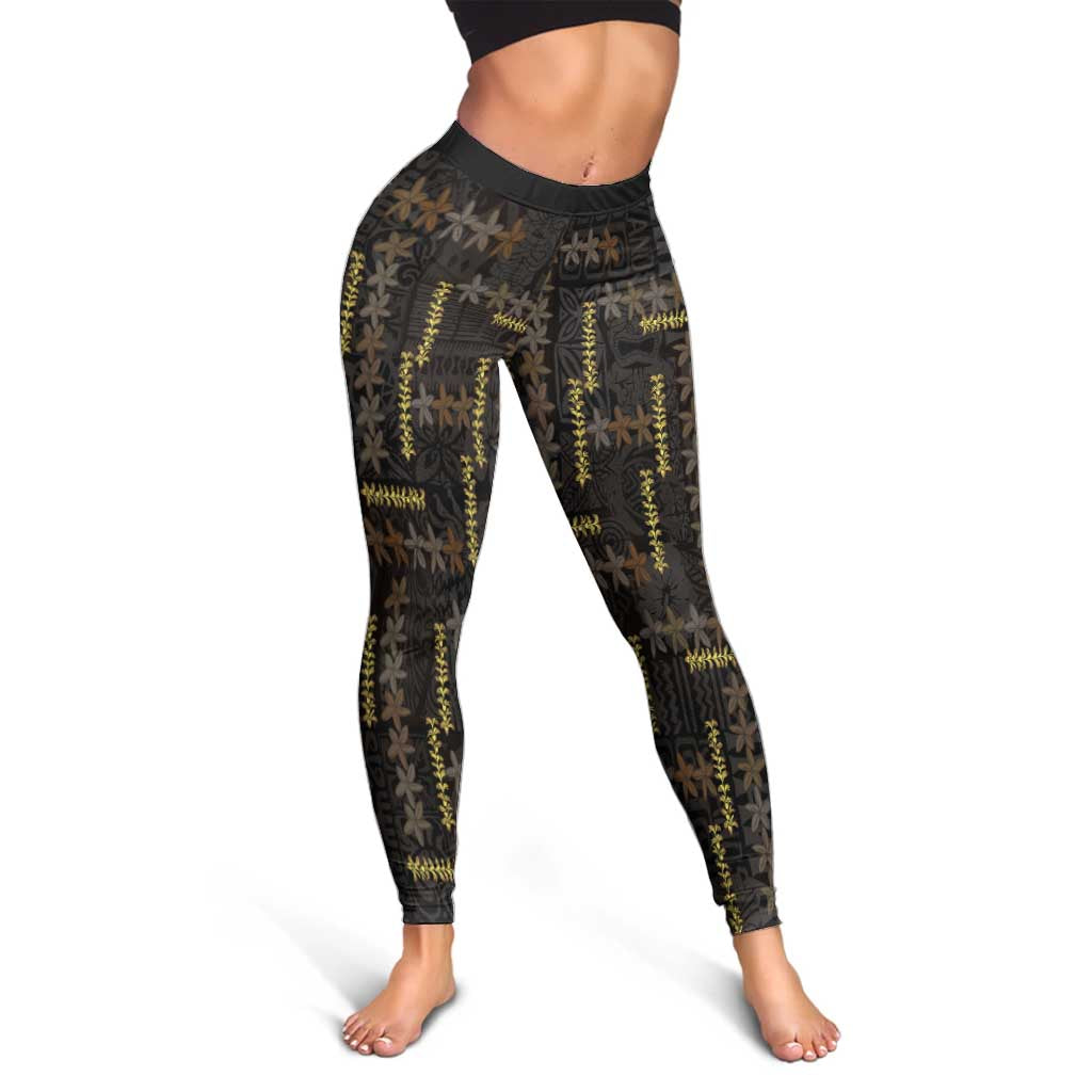 Hawaii Brown Plumeria Lei Black Leggings Frangipani Floral Heritage Art