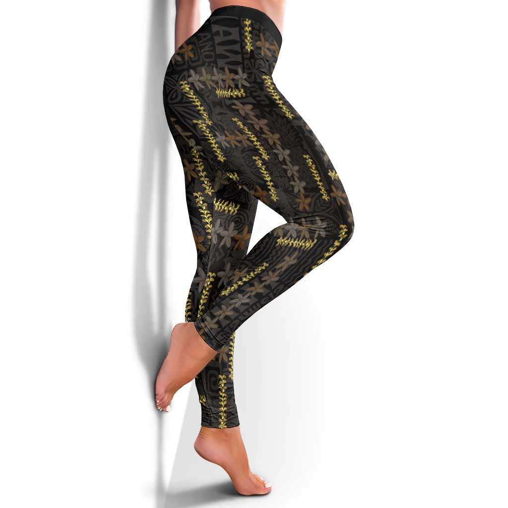 Hawaii Brown Plumeria Lei Black Leggings Frangipani Floral Heritage Art
