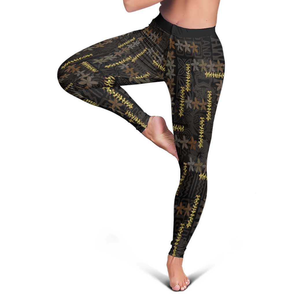 Hawaii Brown Plumeria Lei Black Leggings Frangipani Floral Heritage Art