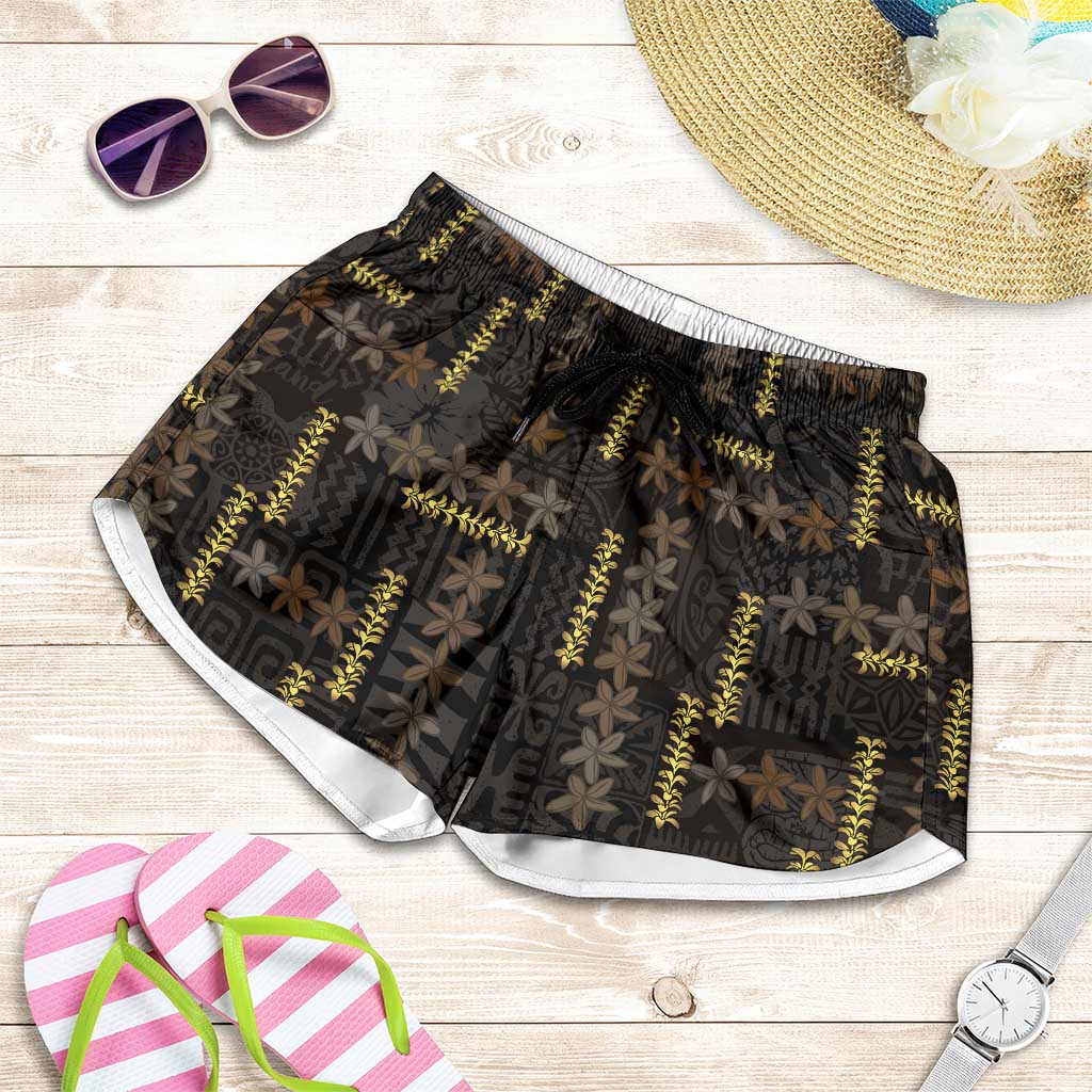 Hawaii Brown Plumeria Lei Black Shorts for Women Frangipani Floral Heritage Art