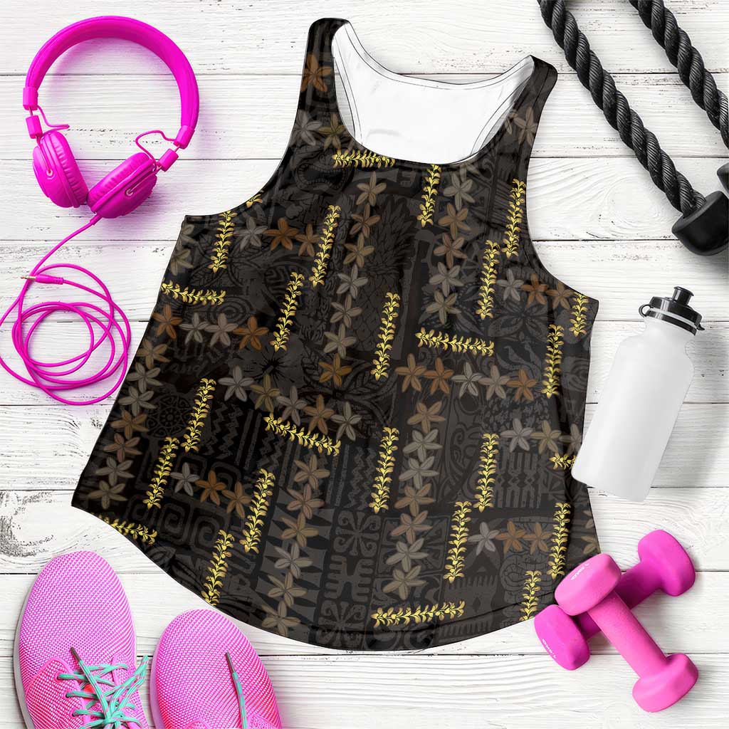 Hawaii Brown Plumeria Lei Black Women Racerback Tank Frangipani Floral Heritage Art