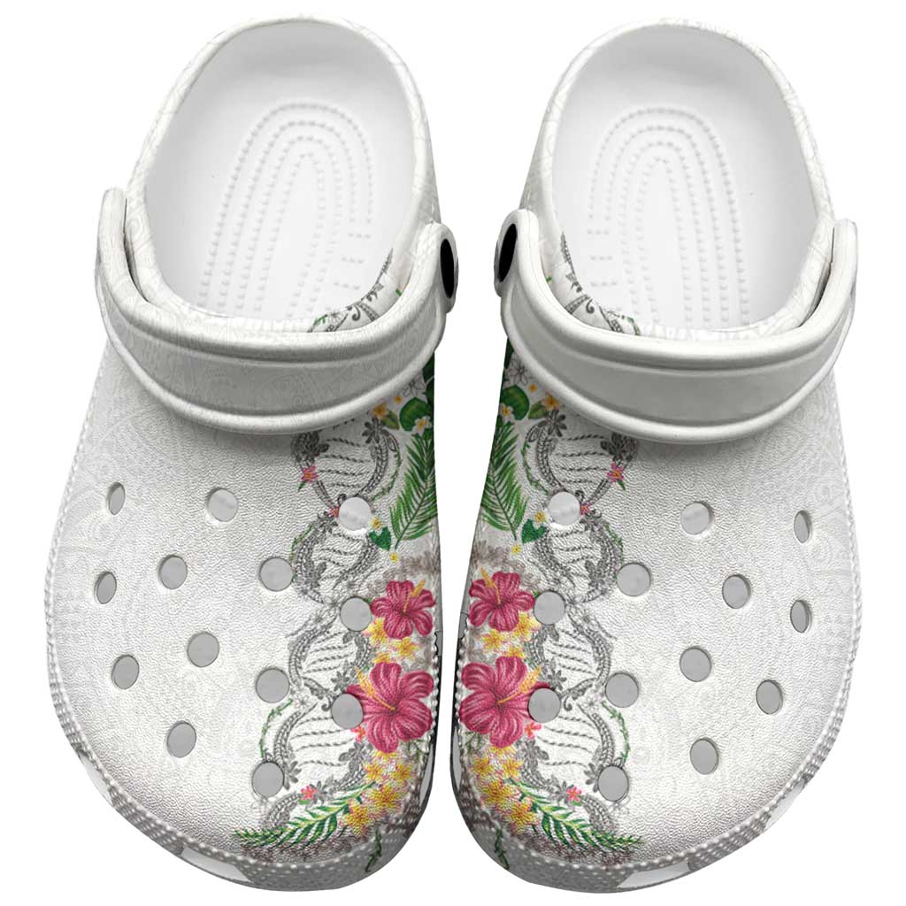 Hawaii DNA Kakau Tattoo Clogs Shoes with Plumeria and Hibiscus Tropical Plants White Color