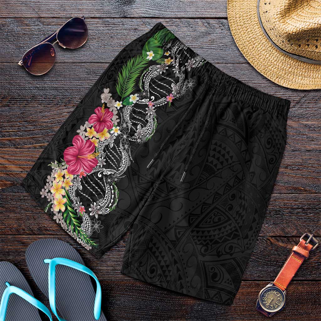 Hawaii DNA Kakau Tattoo Shorts for Men with Plumeria and Hibiscus Tropical Plants Black Color