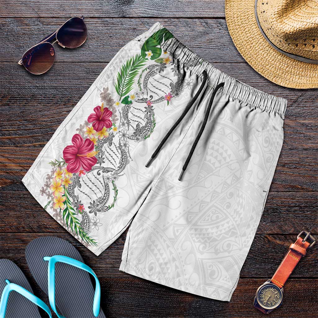 Hawaii DNA Kakau Tattoo Shorts for Men with Plumeria and Hibiscus Tropical Plants White Color LT03 White - Polynesian Pride