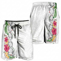 Hawaii DNA Kakau Tattoo Shorts for Men with Plumeria and Hibiscus Tropical Plants White Color