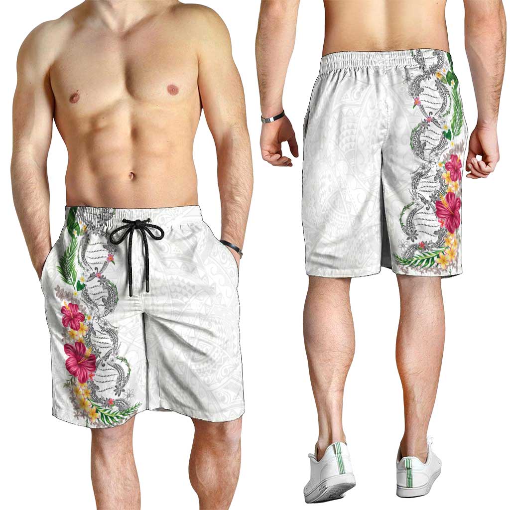 Hawaii DNA Kakau Tattoo Shorts for Men with Plumeria and Hibiscus Tropical Plants White Color