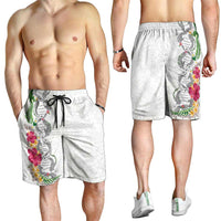 Hawaii DNA Kakau Tattoo Shorts for Men with Plumeria and Hibiscus Tropical Plants White Color