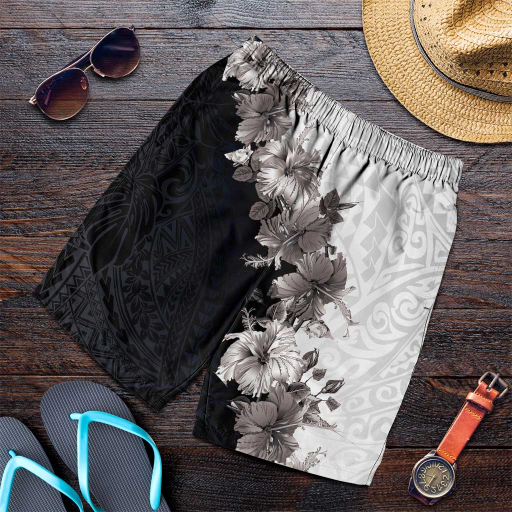 Hawaii Grayscale Hibiscus Flowers Shorts for Men Polynesian Pattern Half Black White Version - Polynesian Pride