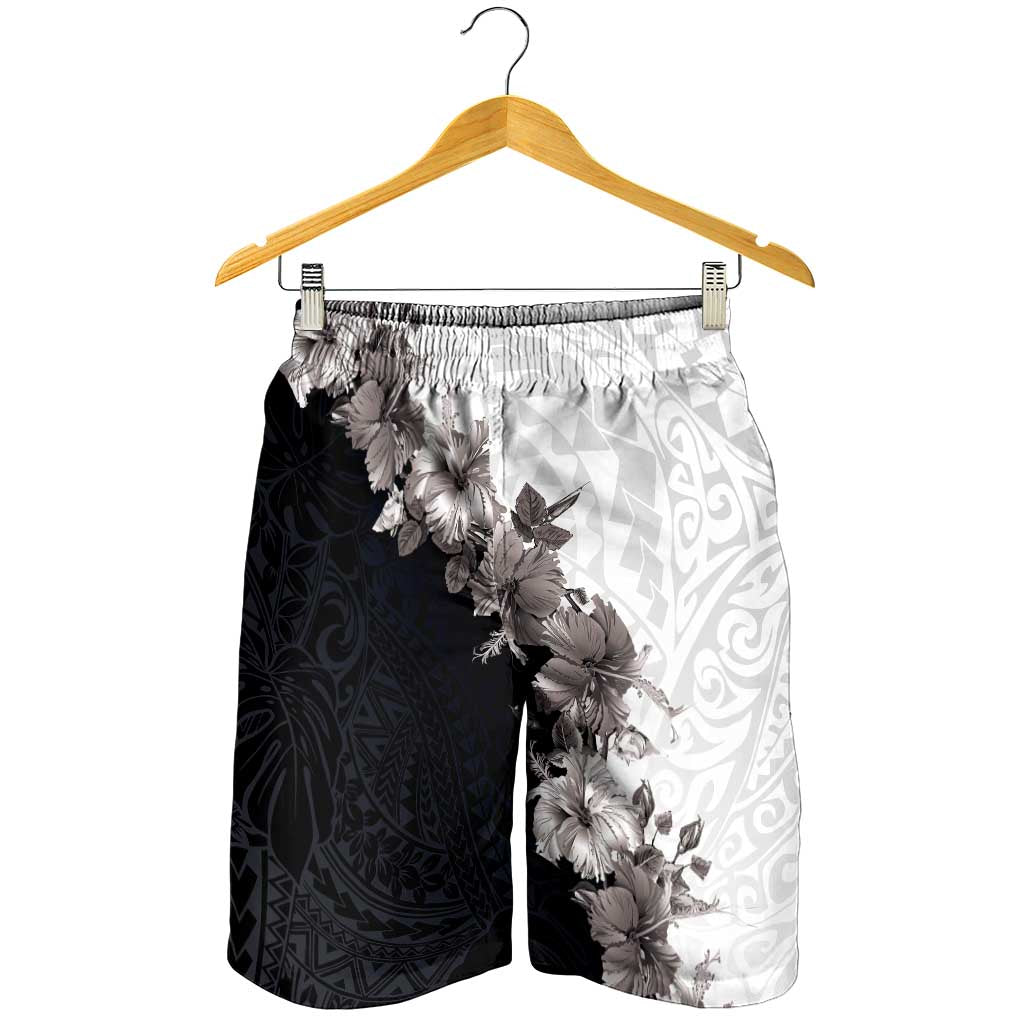 Hawaii Grayscale Hibiscus Flowers Shorts for Men Polynesian Pattern Half Black White Version - Polynesian Pride