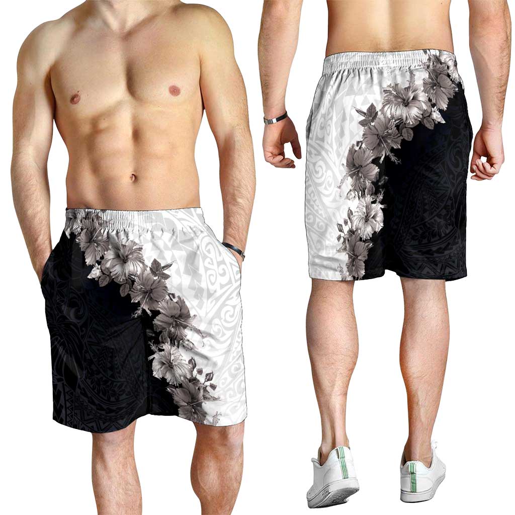 Hawaii Grayscale Hibiscus Flowers Shorts for Men Polynesian Pattern Half Black White Version - Polynesian Pride