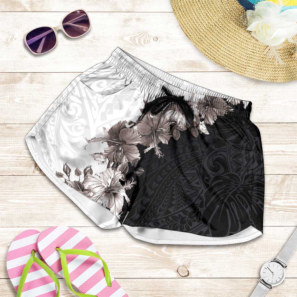 Hawaii Grayscale Hibiscus Flowers Shorts for Women Polynesian Pattern Half Black White Version - Polynesian Pride