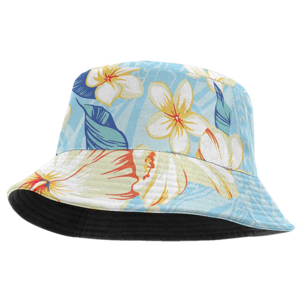 Hawaii Hibiscus Plumeria Blue Bucket Hat Polynesian Pattern