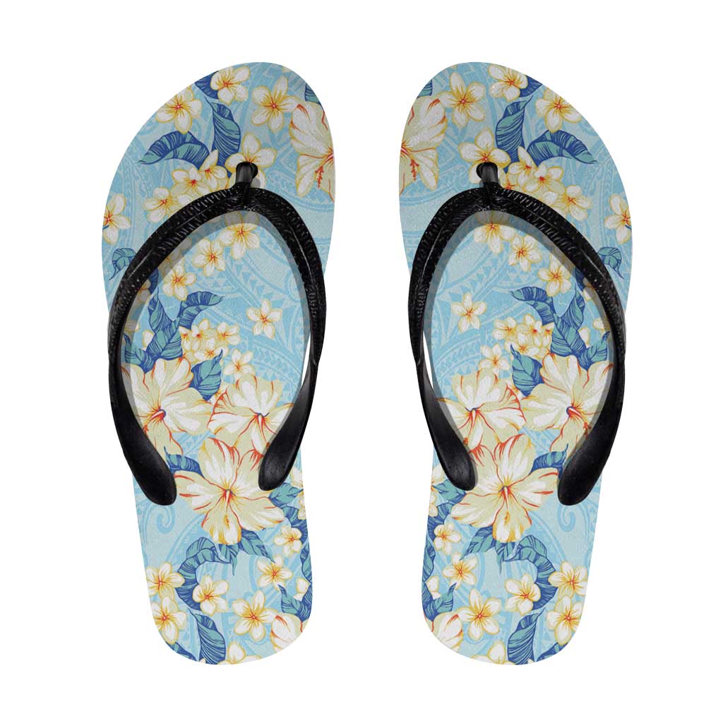 Hawaii Hibiscus Plumeria Blue Flip Flops Polynesian Pattern
