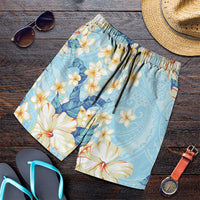 Hawaii Hibiscus Plumeria Blue Shorts for Men Polynesian Pattern