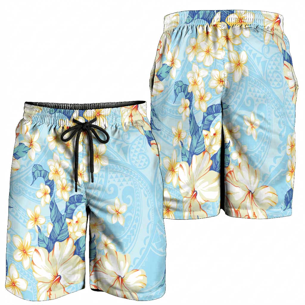 Hawaii Hibiscus Plumeria Blue Shorts for Men Polynesian Pattern