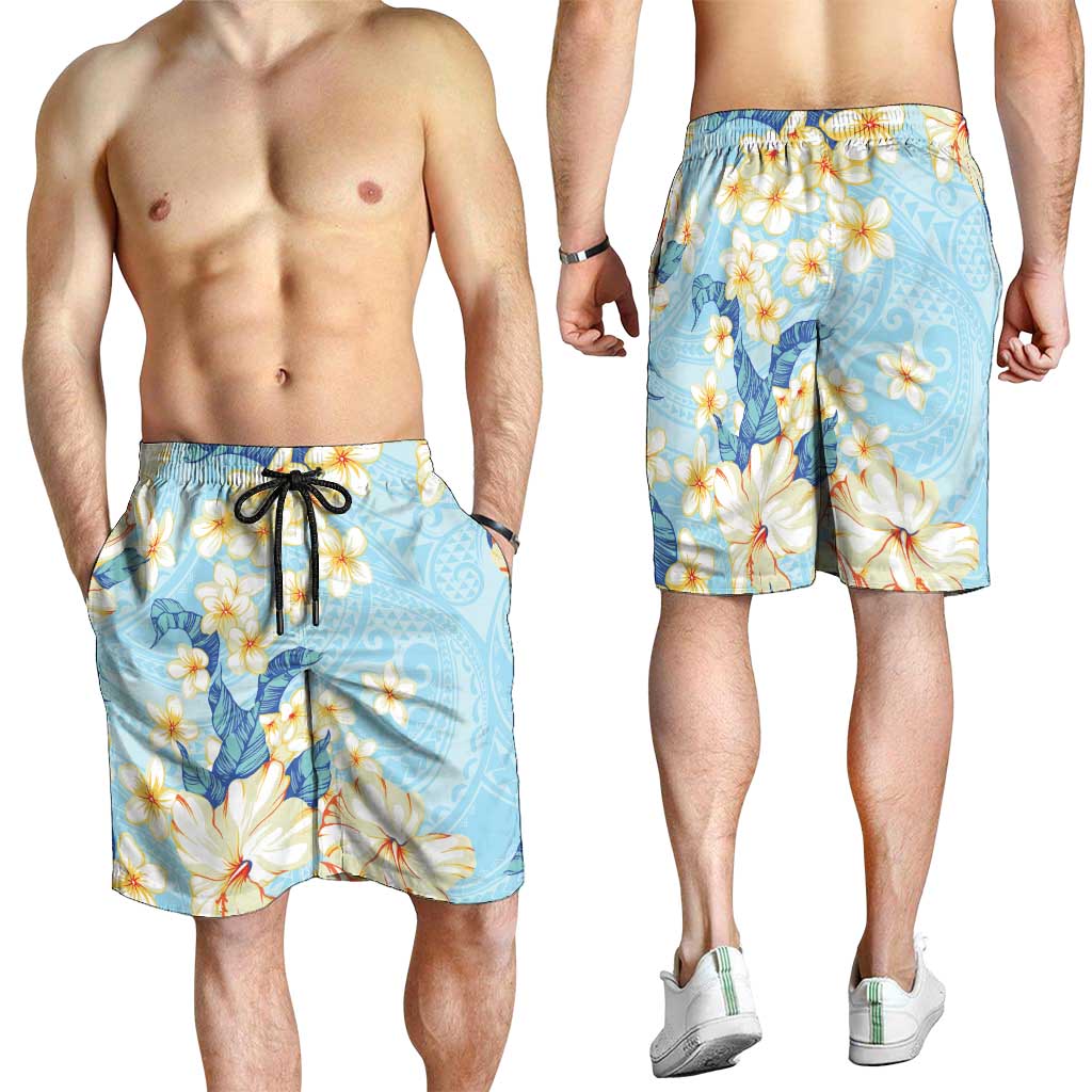 Hawaii Hibiscus Plumeria Blue Shorts for Men Polynesian Pattern