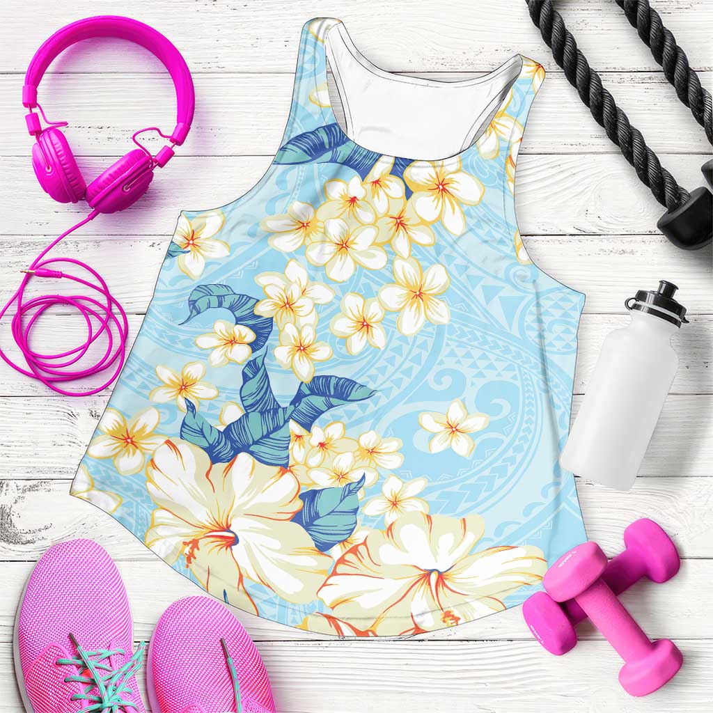 Hawaii Hibiscus Plumeria Blue Women Racerback Tank Polynesian Pattern