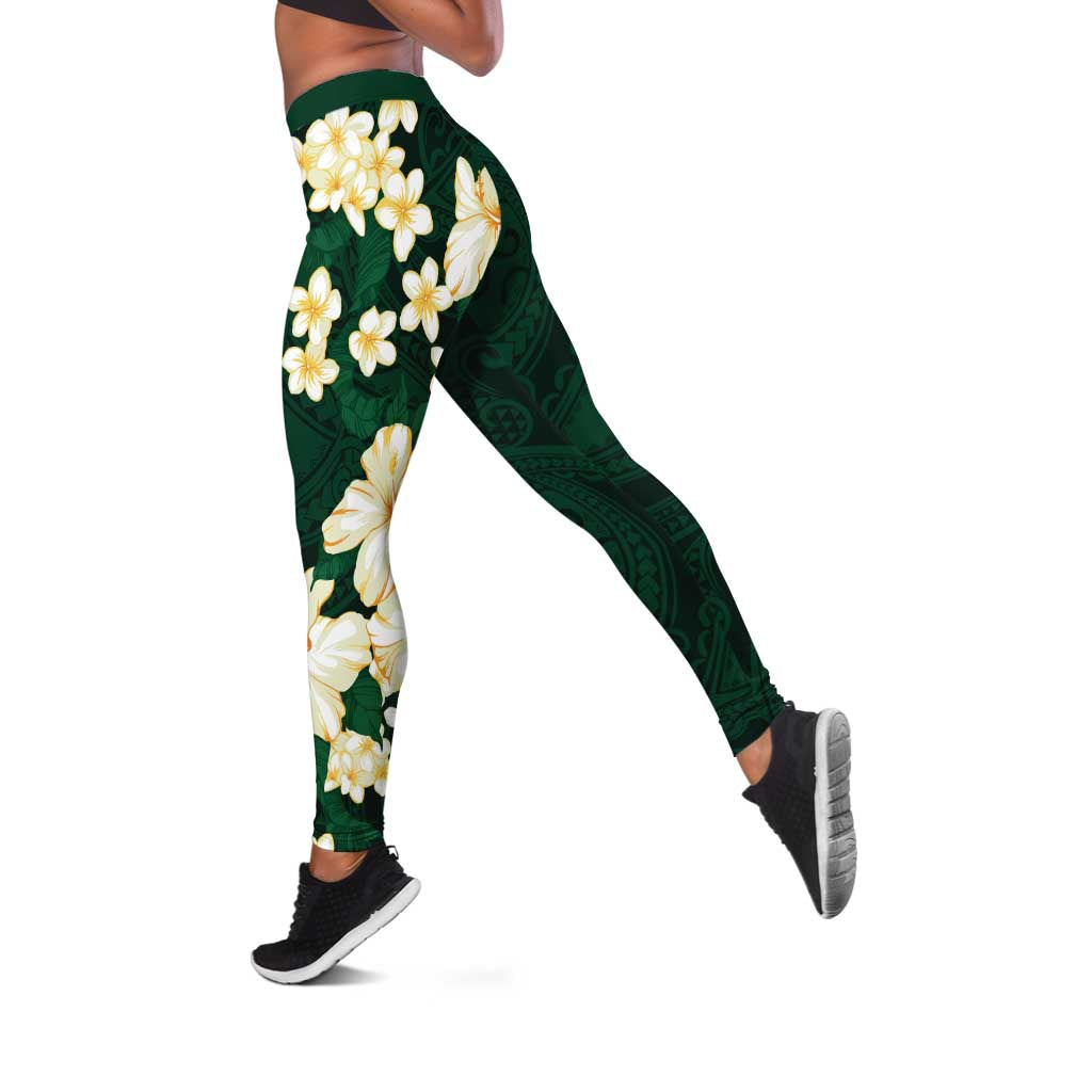 Hawaii Hibiscus Plumeria Green Leggings Polynesian Pattern