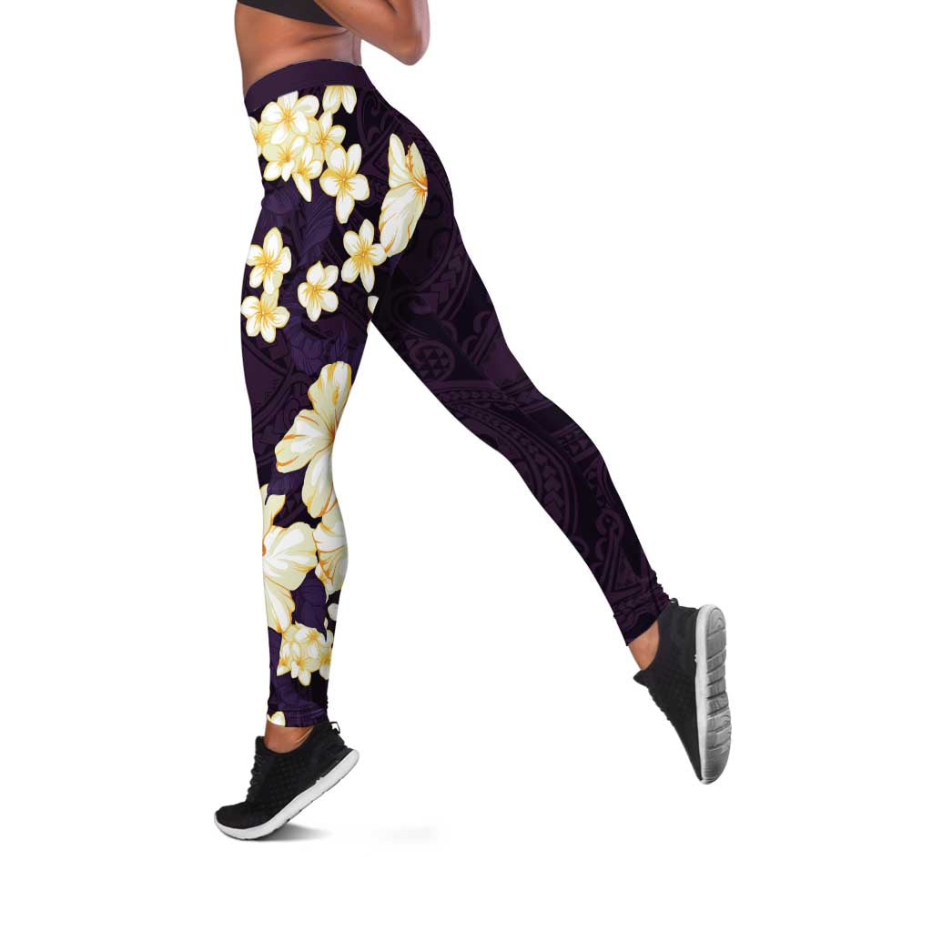 Hawaii Hibiscus Plumeria Purple Leggings Polynesian Pattern