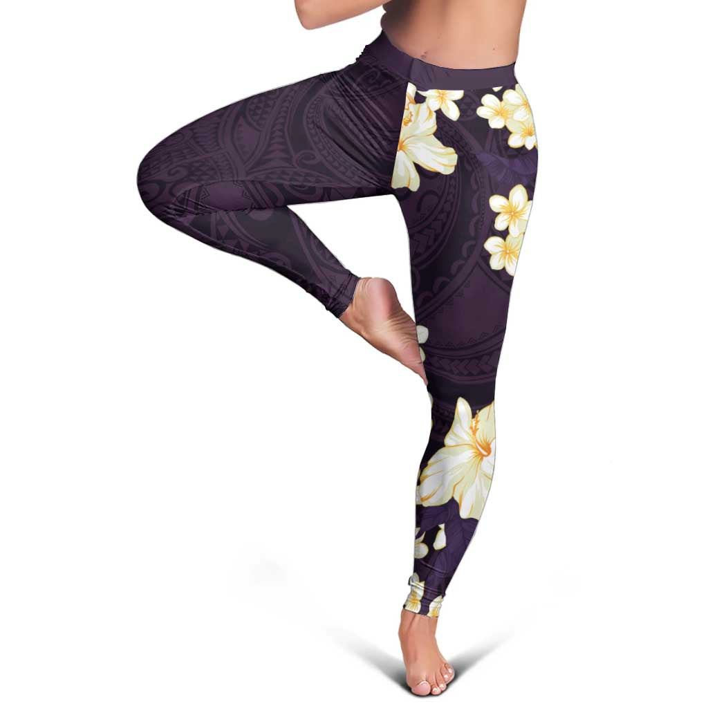 Hawaii Hibiscus Plumeria Purple Leggings Polynesian Pattern