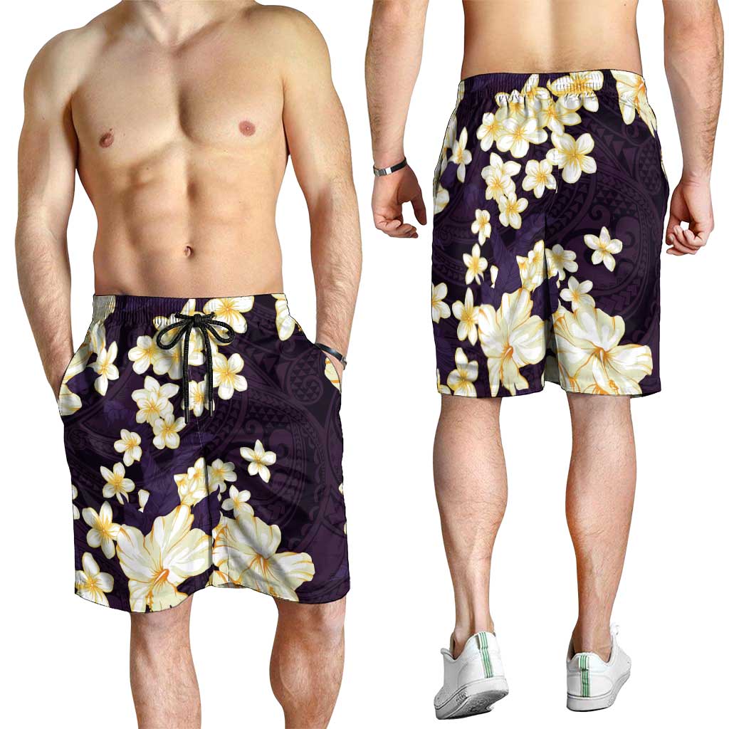 Hawaii Hibiscus Plumeria Purple Shorts for Men Polynesian Pattern