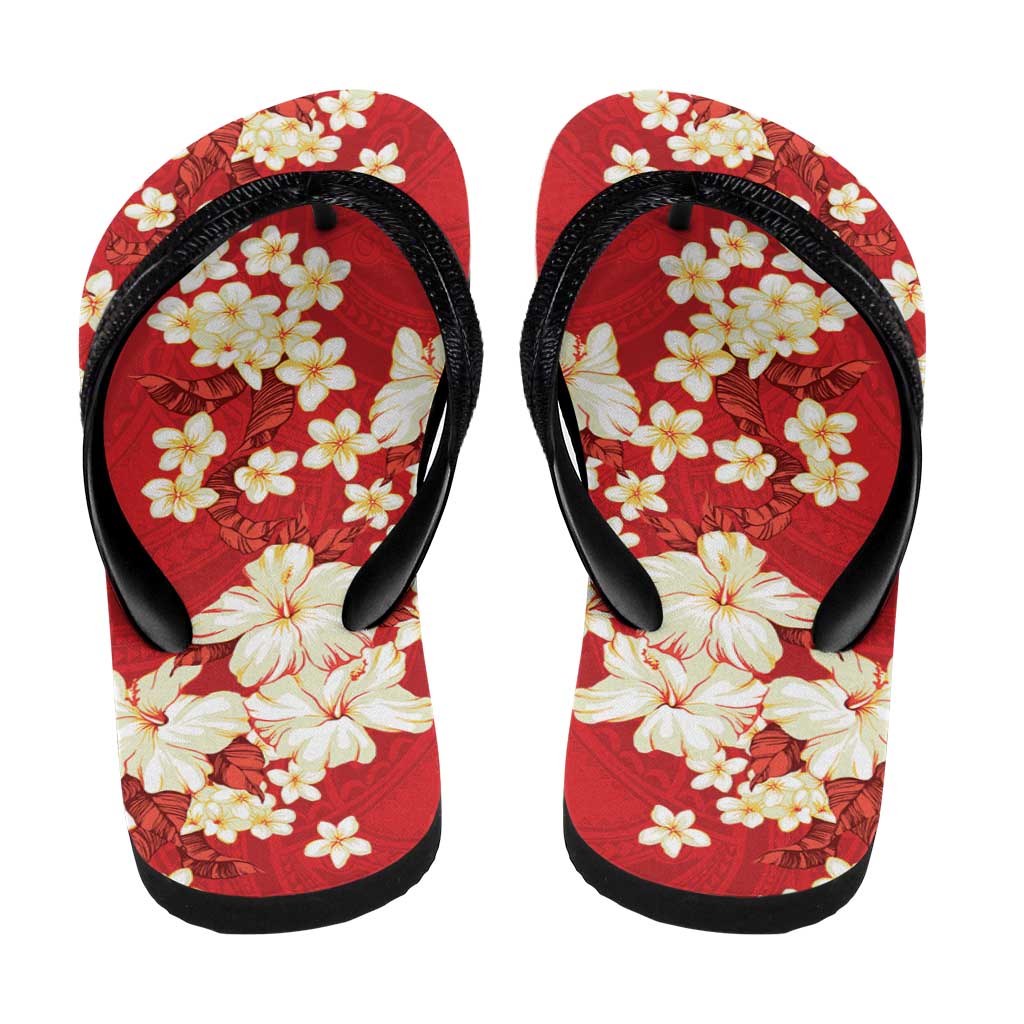 Hawaii Hibiscus Plumeria Red Flip Flops Polynesian Pattern